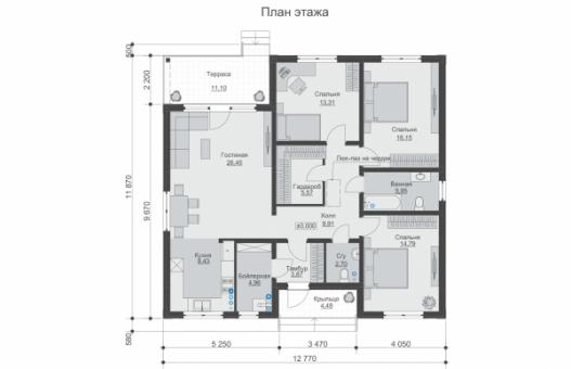 Одноэтажный дом с террасой, 3 спальнями и отделкой штукатуркой.