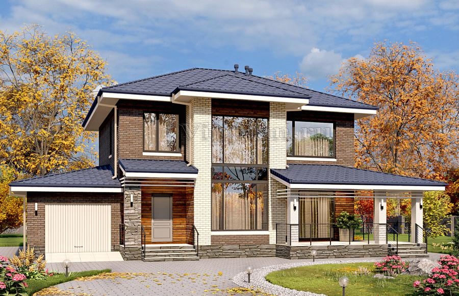 Двухэтажный дом с пятью спальнями, террасой и гаражом.